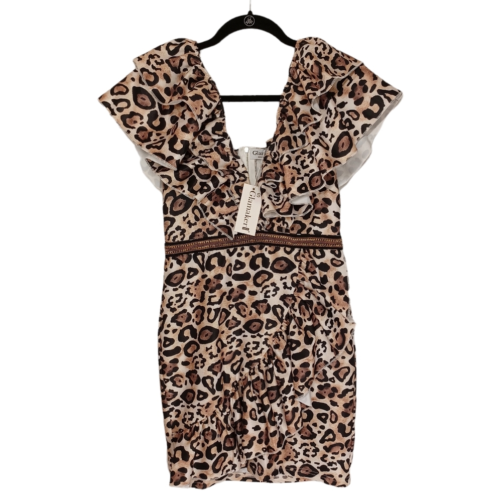 GLAMAKER Ruffle Sleeve Leopard Animal Print Cocktail Dress Small NWT